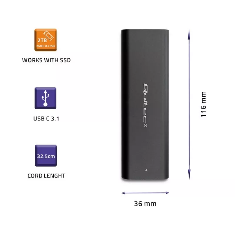 Qoltec 50312 puzdro na M.2 NVMe SSD, USB Type-C, čierne