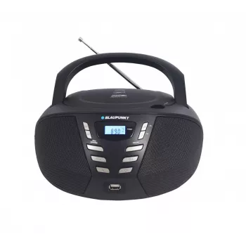 Prenosný CD prehrávač Blaupunkt BB7BK — MP3, FM rádio, USB, AUX, na batérie, 2 vstavané reproduktory, 240×230×128 mm