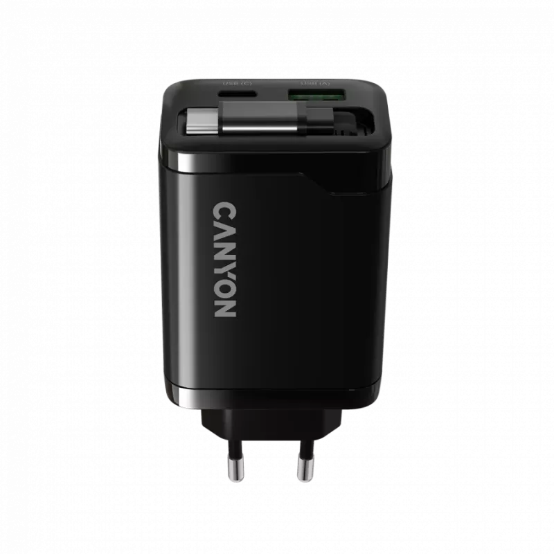 Nabíjačka CANYON OnCharge 65RC s integrovaným USB-C káblom, 65 W, 1x PD, 1x QC, EU zástrčka, čierna