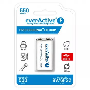 Nabíjateľná batéria everActive 6F22/9V Li-ion 550 mAh s USB TYPE C