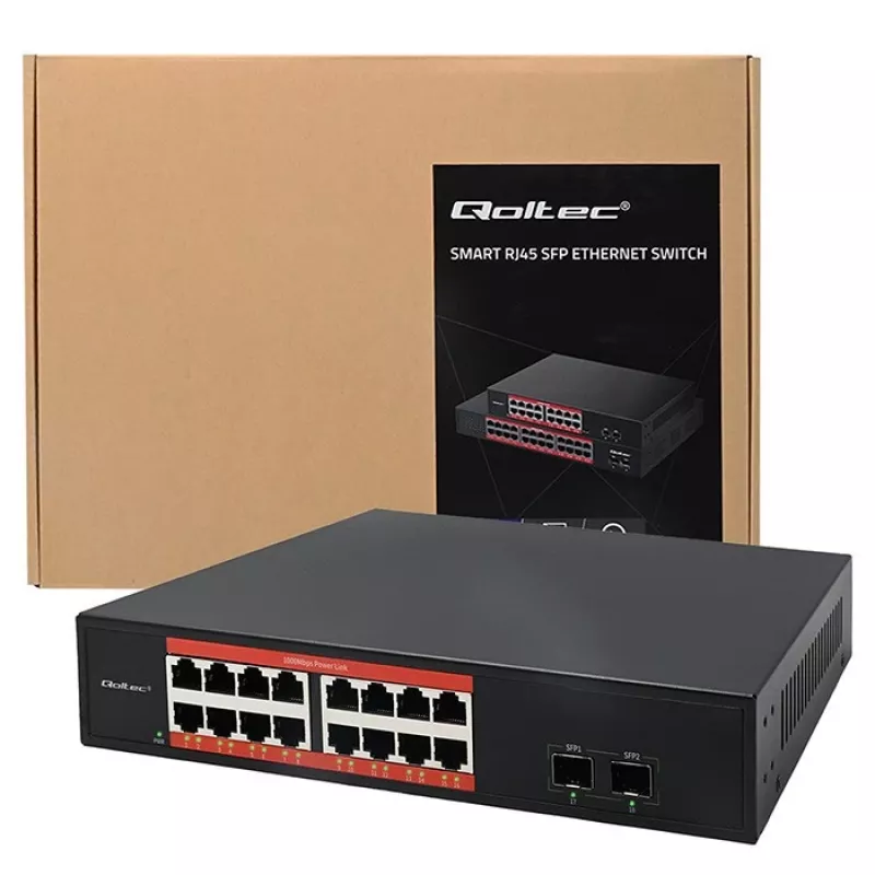 Sieťový switch QOLTEC 52364 — Gigabit Ethernet PoE 16xRJ45, 2xSFP