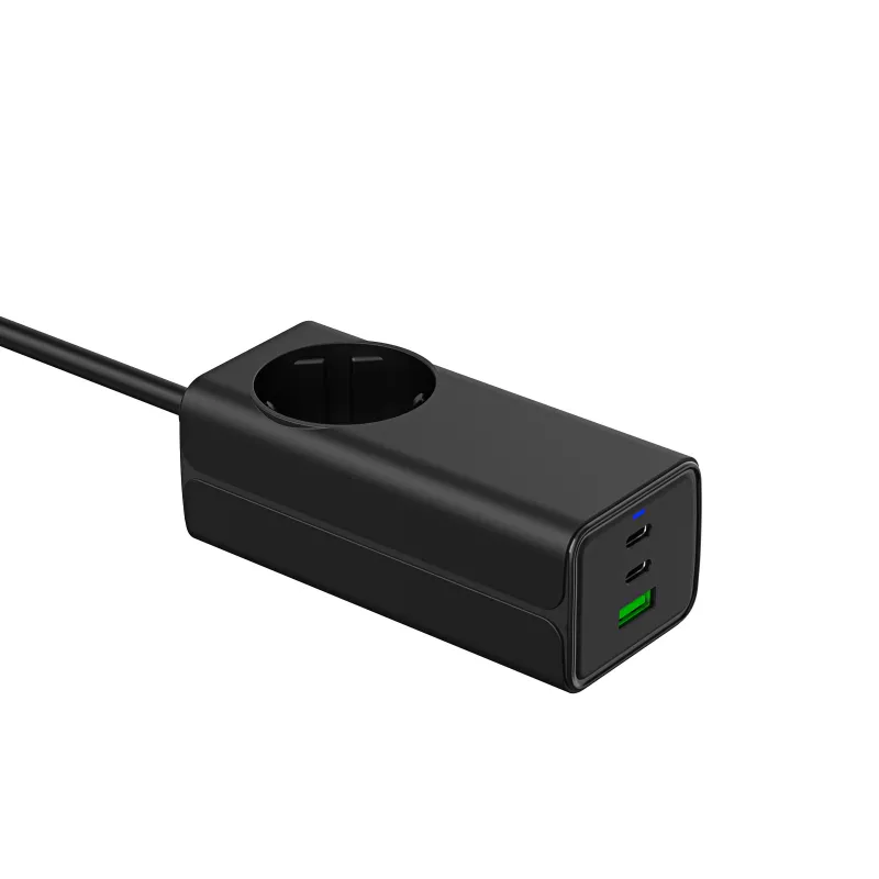Akyga AK-CH-21 GaN USB nabíjačka 65 W, 2 x USB-C + USB-A, so zásuvkou, 1,5 m, čierna