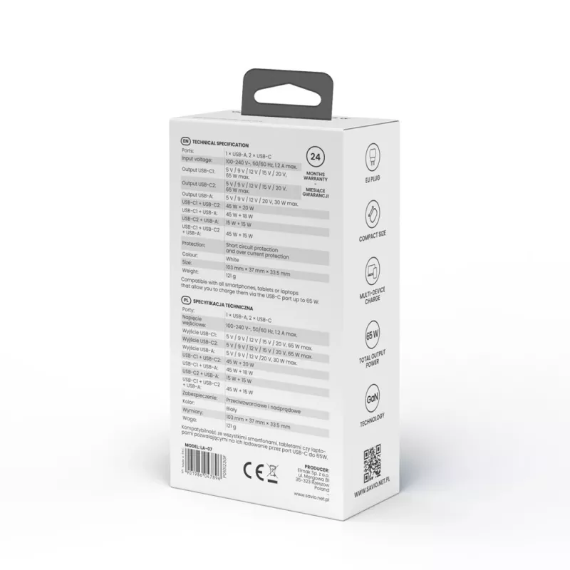SAVIO LA-07 GaN 65W napájací zdroj, USB, QC4.0+, PD 3.0, biely