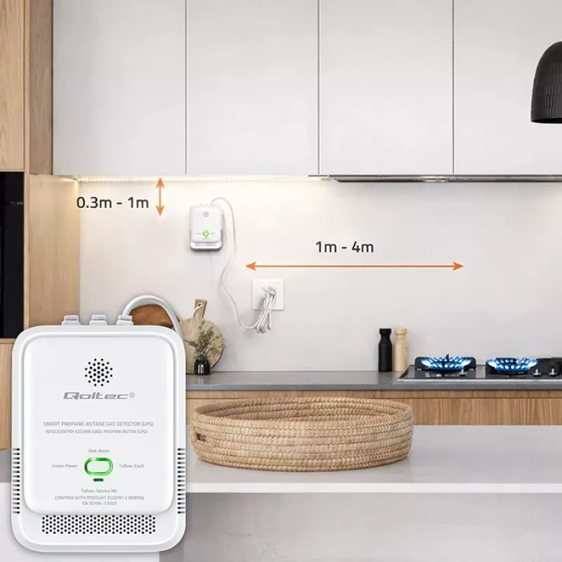 Senzor úniku plynu QOLTEC 52652 — detektor propán/bután (LPG), alarm 85 dB, LED indikátor