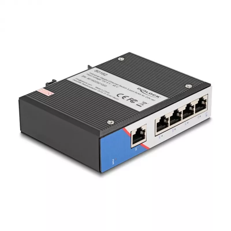 Ethernet switch DELOCK 80162 — 5-portový Gigabit RJ45 pre montáž na lištu DIN