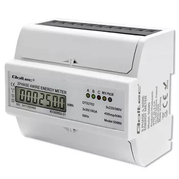 Qoltec trojfázový obojsmerný elektronický merač | DIN lištový merač spotreby energie | 400V | 100A | LCD | 4P