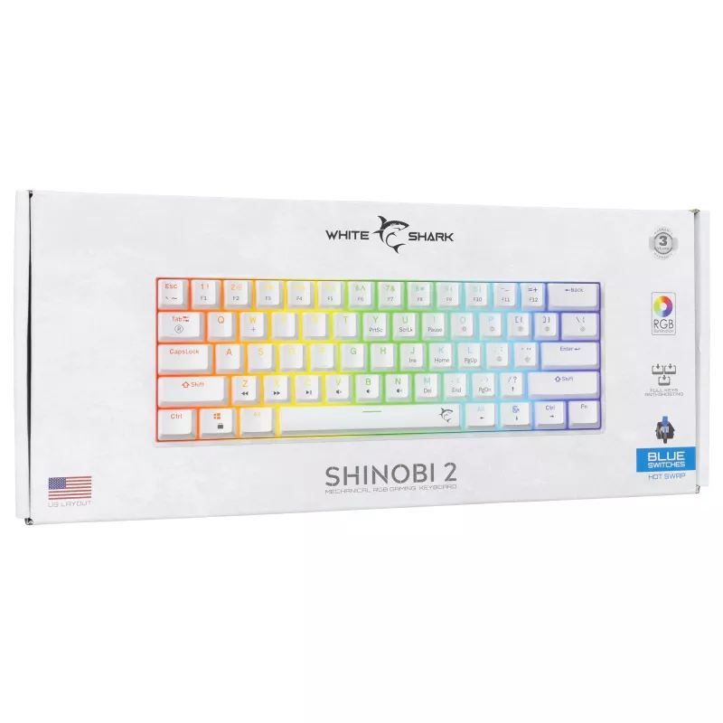 Káblová mechanická klávesnica White Shark Shinobi-2 (GK-004221) — modré spínače, biela, US-layout