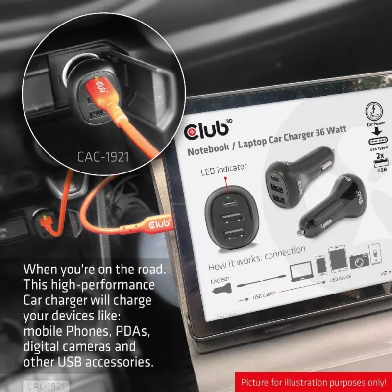 CLUB3D auto nabíjačka pre notebook/laptop 36 Watt, auto, zapaľovač, 24 V, čierna