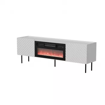TV skrinka cama meble LUCCA 180x40x59 cm, biela vrchná doska a rám, čierny elektrický krb