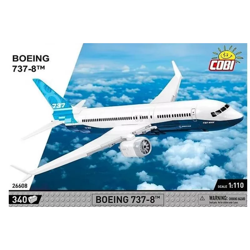Stavebnica Cobi Boeing 737-8 — 340 dielov, odporúčaný vek 7+, modrá a biela