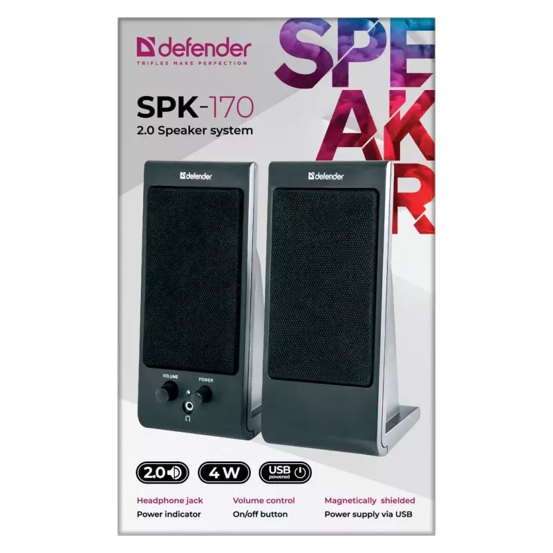 Stolové/regálové reproduktory DEFENDER SPK-170 2.0, 4 W RMS, káblové USB 5 V, 3,5 mm, čierne