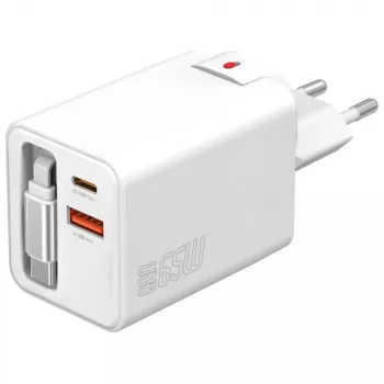 Indoor USB-C/USB-A rýchla nabíjačka 4smarts 541065 — univerzálna AC 100–240V, Max 20V, 0,7 m kábel, biela