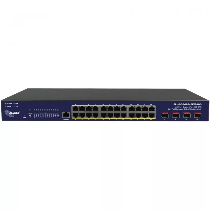 Sieťový switch ALLNET ALL-SG8428v2FPM-10G — 24+4 portov, PoE, 10G uplinky