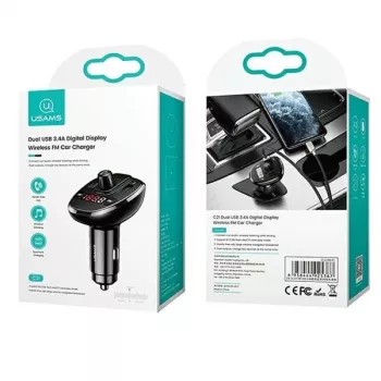 USAMS US-CC115 C21 FM vysielač do auta s duálnou USB nabíjačkou, Bluetooth 5.0, 3,4 A, čierny