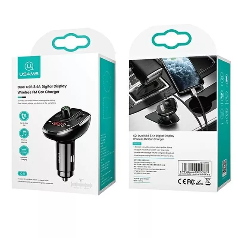 USAMS US-CC115 C21 FM vysielač do auta s duálnou USB nabíjačkou, Bluetooth 5.0, 3,4 A, čierny