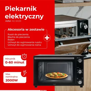 Elektrická rúra Adler AD 6028 — 60 l, 2000 W, voľne stojaca, otočné ovládače, rotisserie, max. 230 °C, čierna