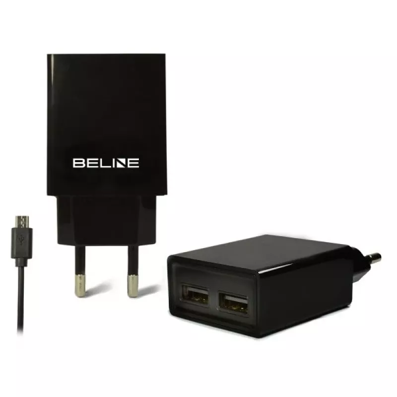 Cestovná nabíjačka Beline Beli0011 — 2×USB porty, microUSB kábel, 2A výstup, čierna