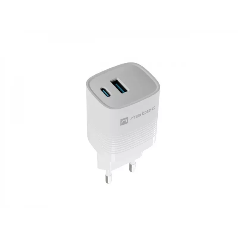Káblová nabíjačka pre mobilné zariadenia NATEC NUC-2140, 30W, USB-C PD 3.0 + USB-A, Samsung AFC, biela