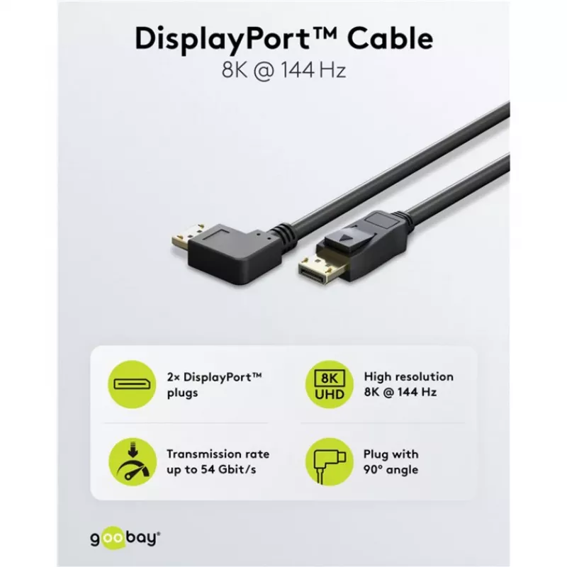 Kábel DisplayPort samec 90° > DisplayPort samec, 8K / 144Hz (čierny, 2 metre, 1 samec 90° bočne zahnutý, 54 Gbit/s, DisplayPort 2.0 / 2.1)