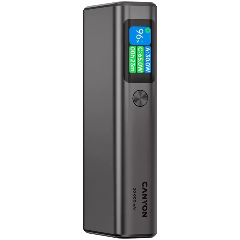 Canyon OnPower 230 TFT powerbanka, 20000 mAh, PD 130 W, 2x USB-C + USB-A, kovové puzdro, tmavosivá