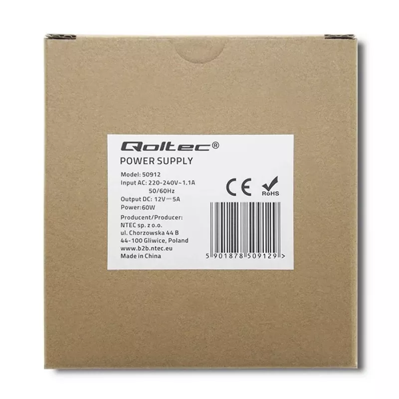 Qoltec DIN lištový napájací zdroj | 60W | 12V | 5A | biely | tenký