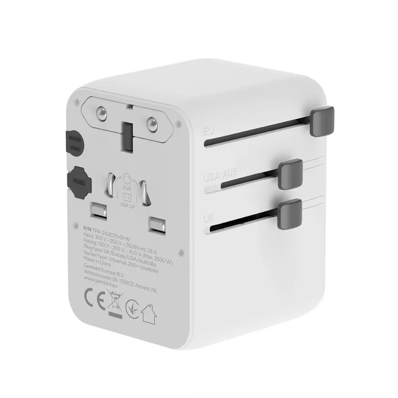 Gembird TPA-2A3C70-01-W univerzálny cestovný napájací adaptér, 3x USB-C, 2x USB-A, 70 W, GaN, biely
