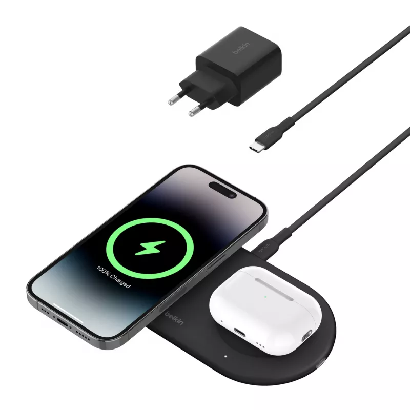 Belkin WIZ021VFBK – 2-in-1 bezdrôtová nabíjacia stanica s technológiou Qi2 15 W, čierna