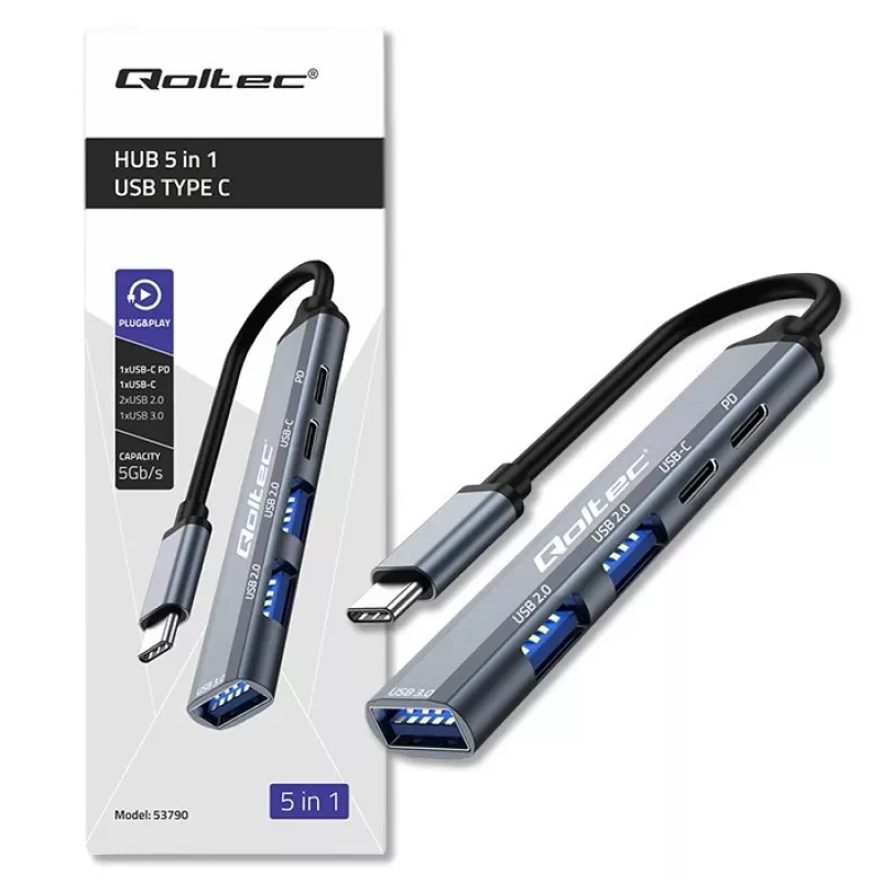 Qoltec 53790 Hub adaptér USB-C 3.1 5in1 | USB-C PD | USB-C | 2x USB 2.0 | USB 3.0