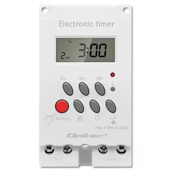 Elektronický časový spínač na DIN lištu QOLTEC PC0629 — napájanie 24V, výstup 16A