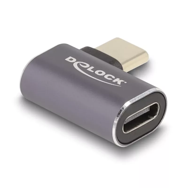 DeLOCK USB adaptér 40 Gbps USB Type-C PD 3.0 100 W konektor samec na konektor samica zahnutý vľavo/vpravo 8K 60 Hz kov