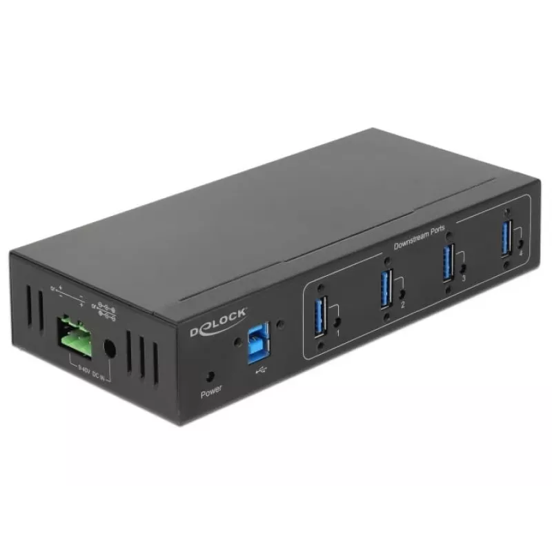 Delock 63309 externý priemyselný USB hub, 4 x USB 3.0 Type-A, ochrana ESD 15 kV, kovové puzdro, montáž na stenu