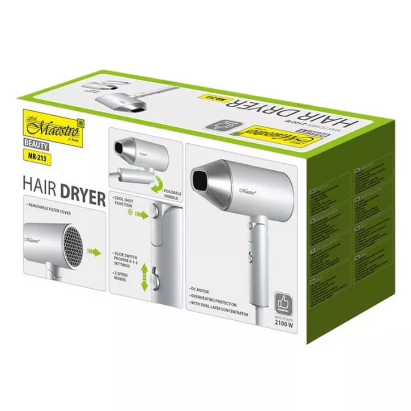 Fén Maestro MR-213 2100W sklopná rukoväť, 2 rýchlosti, studený vzduch, dvojstenný koncentrátor, strieborný