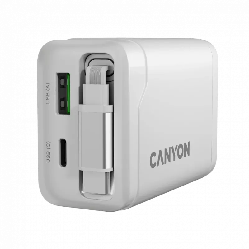 CANYON nabíjačka OnCharge 65RC s integrovaným USB-C káblom 65W, 1x PD, 1x QC, EU zástrčka, biela