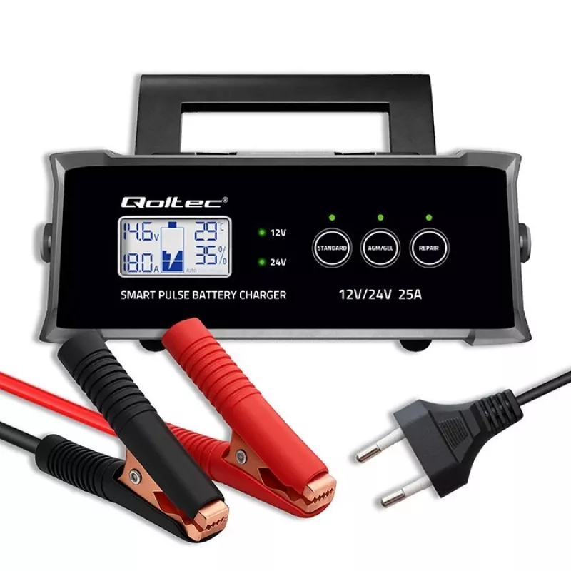 Nabíjačka batérií QOLTEC 52514 — 12V/24V, 25A, pre AGM/GEL/SLA batérie s LCD displejom