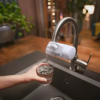 Filtračný systém na vodu k vodovodnému kohútiku BRITA ON TAP V CU CE2 (1052067) — 4-stupňový, kapacita 600 L, 3 režimy, 5 adaptérov, biela