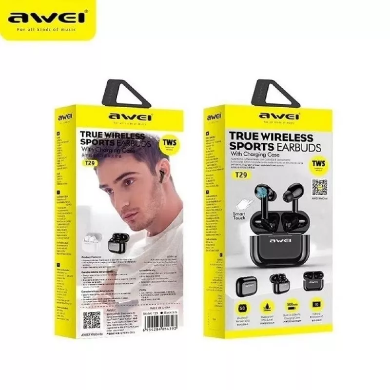 AWEI Bluetooth 5.0 T29 TWS slúchadlá + nabíjacia stanica čierna/čierna