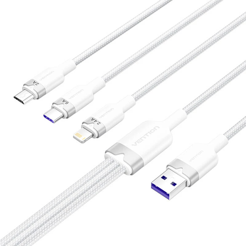 Kábel USB 2.0 A na 3-in-1 6A Vention CTRWG 1,5 m biely