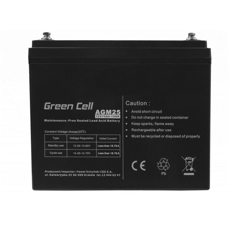 Uzavretá olovená UPS batéria Green Cell AGM25 12 V 75 Ah, VRLA, 75 Ah, 12 V, 21,3 kg