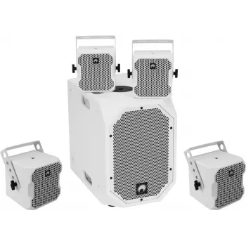 Sada aktívnych reproduktorov Omnitronic BOB-10A ws so 4x BOB-4 ws — aktívny hlavný reproduktor so štyrmi satelitnými reproduktormi