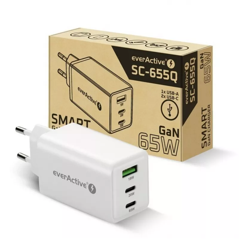 Napájacia nabíjačka everActive SQ-655Q 65W, 1×USB-A + 2×USB-C rýchle nabíjanie