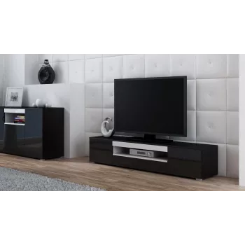 TV stojan cama meble VIVA 180 — 1800×400×370 mm, čierny vrchná doska (drevotrieska), čierny rám, biele akcenty