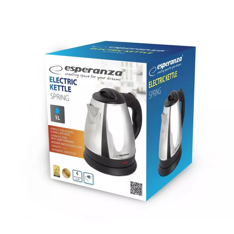 Rýchlovarná kanvica ESPERANZA 1,0 L nerez a plast, 1350 W, bezšnúrová, automatické vypnutie