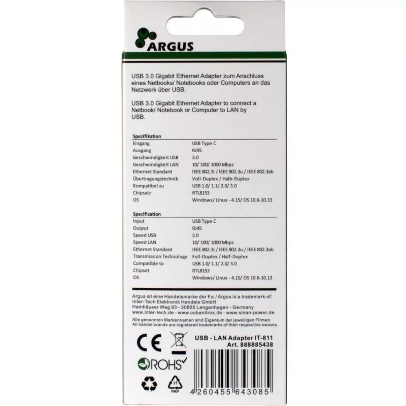 Inter-Tech Argus IT-811 - sieťový adaptér - USB-C - Gigabit Ethernet - čierny (88885438)