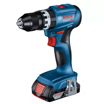 Akumulátorová vŕtačka Bosch GSB 18 V – 18 V, 4 Ah Li-Ion, 45 N·m, 500/1900 ot/min, 35 mm drevo, 10 mm oceľ, 2 batérie, nabíjačka, kufrík