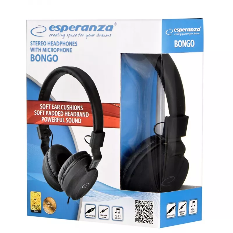 Slúchadlá ESPERANZA BONGO EH212K — káblové, čelenka, 20–20000 Hz, 1,5 m kábel, čierne