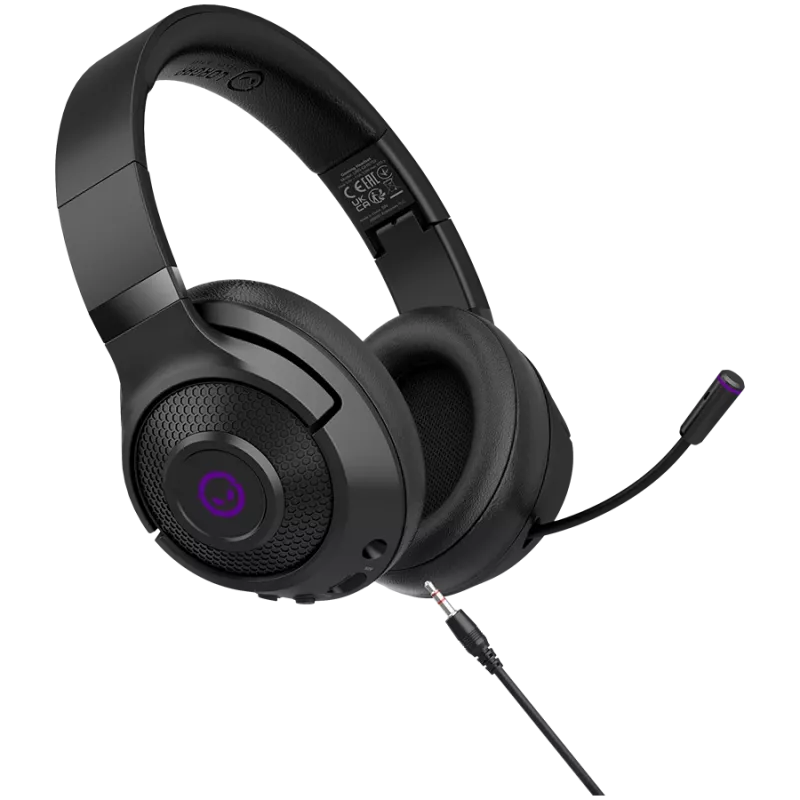 Lorgar Noah 702 (LRG-GHS702) bezdrôtový herný headset, Bluetooth 5.3, USB prijímač, 3,5 mm AUX, 40 mm meniče, 1000 mAh, RGB, čierny