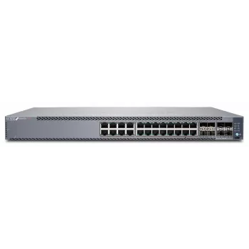 Juniper EX4100 24-portový 10/100/1000BaseT PoE+, 4x 10G SFP+ uplink porty, 4x 25G SFP28 stacking/uplink porty, redundantné ventilátory, 1 AC napájací zdroj JPSU-920-AC-AFO v balení (optiky predávané samostatne) so štandardným SW. TAA-konformný. (EX4100-24P)