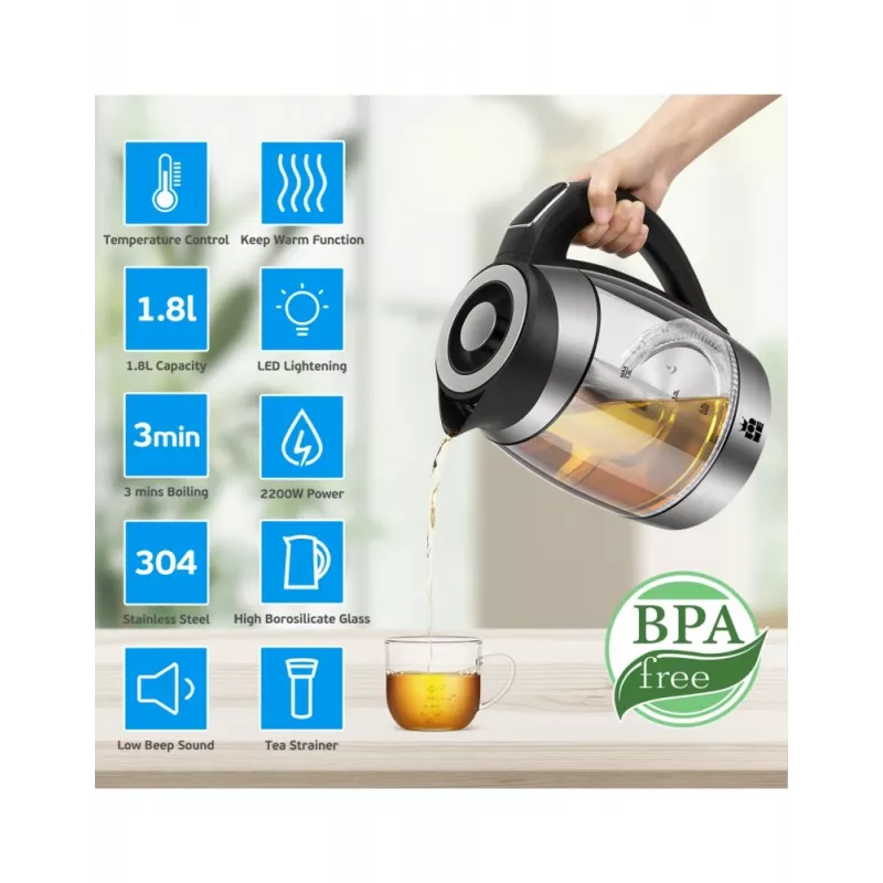 Forme FKG-448 sklenená elektrická kanvica, 1,8 l, 2200 W, regulácia teploty, sivá