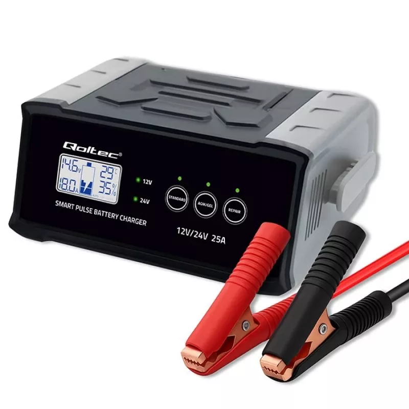 Nabíjačka batérií QOLTEC 52514 — 12V/24V, 25A, pre AGM/GEL/SLA batérie s LCD displejom