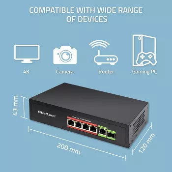 Ethernet PoE switch QOLTEC 52296 — 4x RJ45 PoE porty, 1x RJ45 uplink